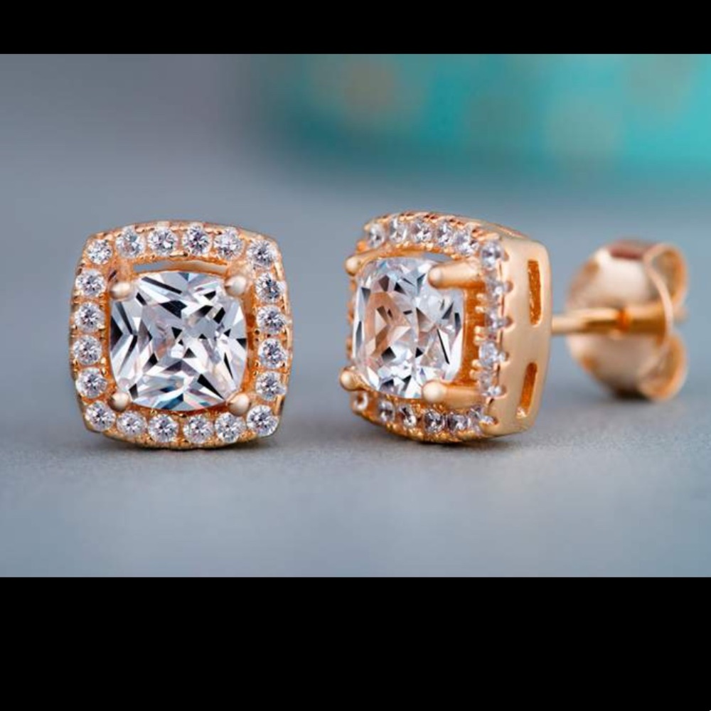 3.44 CTTW Halo Stud Swarovski Rose Gold Earrings - Picture 2 of 2